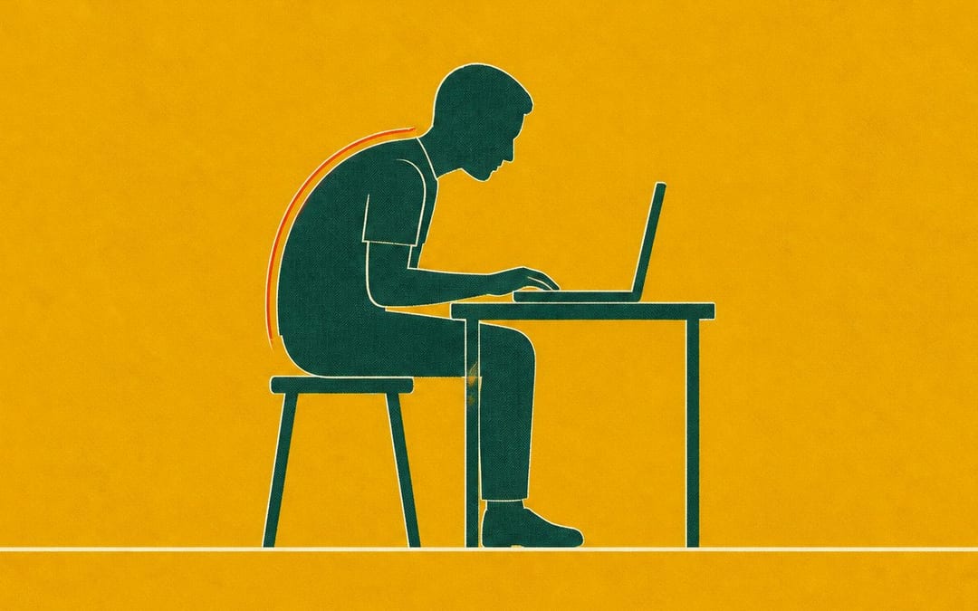 机に向かってノートPCを使う人を横から見た図。背中の上部が丸まり、肩が前に出て、頭が肩より前に出ている。丸まった背中の輪郭に沿って線が引かれ、その形を示している。